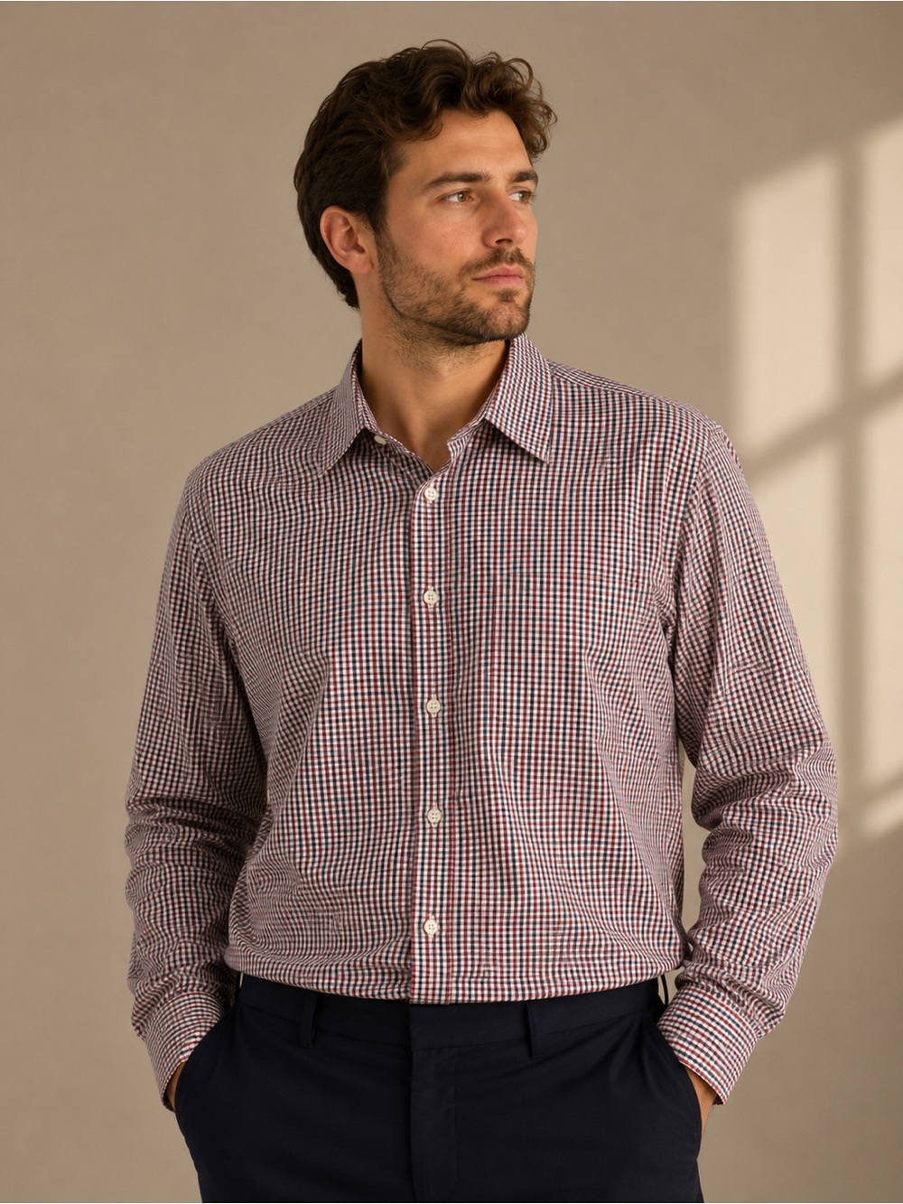 J. Crew Burgundy and Navy Micro-Check Button-Down Shirt
